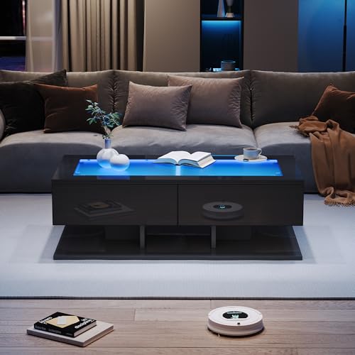 LANTRO JS Couchtisch, Glasplatte, Hochglanzoberfläche, Beistelltisch mit 2 Schubladen, Wohnzimmertisch mit LED Beleuchtung, Coffee Table, 10x50x35cm, Schwarz von LANTRO JS
