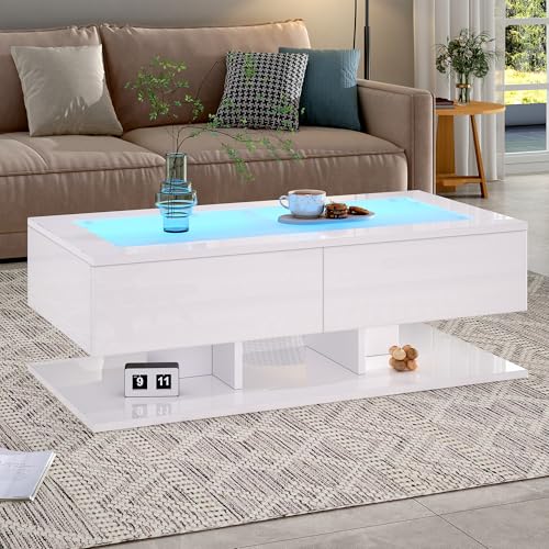 LANTRO JS Couchtisch, Glasplatte, Hochglanzoberfläche, Beistelltisch mit 2 Schubladen, Wohnzimmertisch mit LED Beleuchtung, Coffee Table, 10x50x35cm, Weiß LANTRO JS Couchtisch, Glasplatte, Hochglanzoberfläche, Beistelltisch mit 2 Schubladen, Wohnzimmertisch mit LED Beleuchtung, Coffee Table, 10x50x35cm, Weiß von LANTRO JS