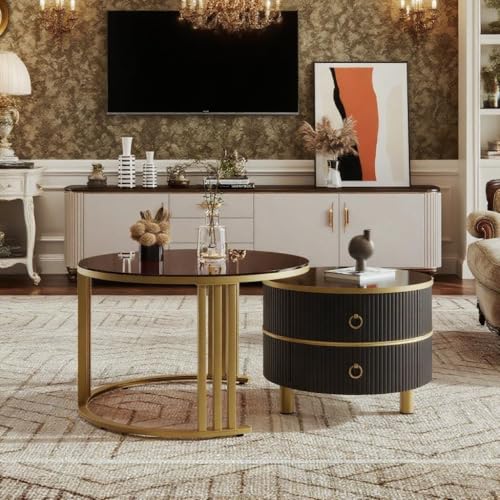 LANTRO JS Couchtisch Rund, Satztisch 2er Set, Couchtisch mit Stauraum, Wohnzimmertisch, 70 * 70 * 45 und 50 * 50 * 40cm (Schwarz und Braun) von LANTRO JS