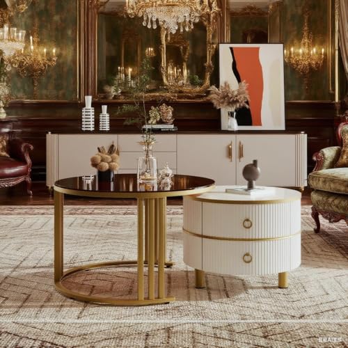 LANTRO JS Couchtisch Rund, Satztisch 2er Set, Couchtisch mit Stauraum, Wohnzimmertisch, 70 * 70 * 45 und 50 * 50 * 40cm (Weiß und braun) von LANTRO JS