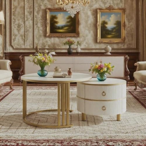 LANTRO JS Couchtisch Rund, Satztisch 2er Set, Couchtisch mit Stauraum, Wohnzimmertisch, 70 * 70 * 46 und 50 * 50 * 40cm (weiß) von LANTRO JS