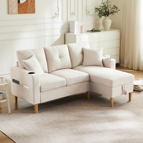 LANTRO JS Eckcouch, 3-Sitzer-Sofa mit Versteckten Stauraum und Getränkehalter, Schlafsofa für Wohnzimmer, Büro, Wohnung usw, Beige von LANTRO JS
