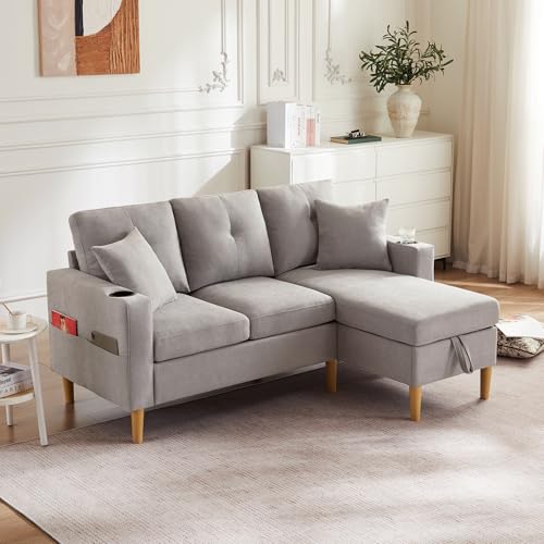 LANTRO JS Eckcouch, 3-Sitzer-Sofa mit Versteckten Stauraum und Getränkehalter, Schlafsofa für Wohnzimmer, Büro, Wohnung usw, Grau von LANTRO JS
