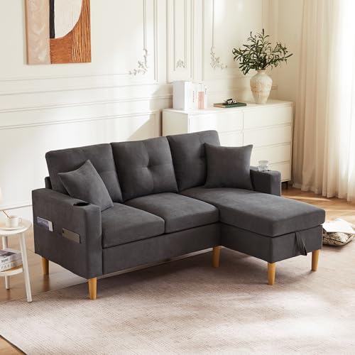 LANTRO JS Eckcouch, 3-Sitzer-Sofa mit Versteckten Stauraum und Getränkehalter, Schlafsofa für Wohnzimmer, Büro, Wohnung usw, Schwarz von LANTRO JS