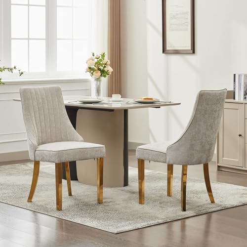 LANTRO JS Esszimmerstühle 2er Set, Goldenen Edelstahlbeinen， Küchenstühle aus Viskosestoff mit Beflocktem Chenille Stoff, Essstühle Bequemer Stoffbezug, Beige von LANTRO JS