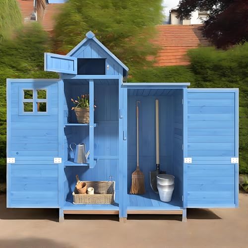 LANTRO JS Gartenhaus Holz Kleinschuppen mit 2 Werkzeugwannen und 2 Türen Aufbewahrungsschrank Gartengerätehaus mit Lüftungsfenstern,Blau von LANTRO JS