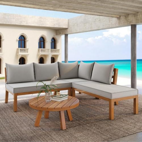 LANTRO JS Gartenmöbel Lounge, Gartenlounge Outdoor, Balkon Möbel Set für 4, Ecksofa mit Couchtisch, Dicker Massivholzrahmen, Grau von LANTRO JS