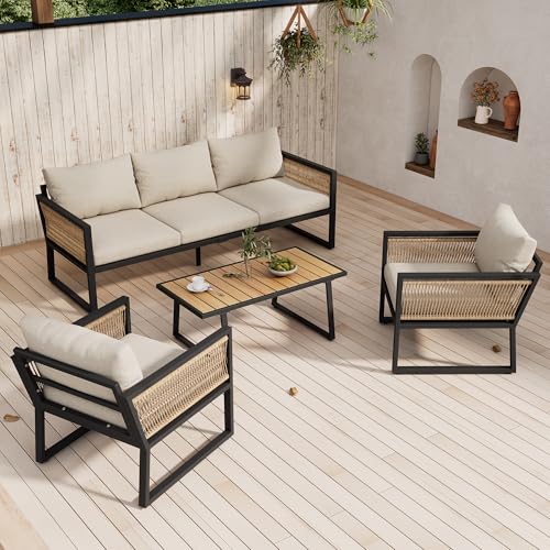 LANTRO JS Gartenmöbel Set mit 3er Sofa, 2 Sessel und Couchtisch, Garten Loungesessel Set, 4 TLG, Lounge Möbel Outdoor mit Armlehnen aus Geflochtenem Seil, Gartenlounge Set, Beige von LANTRO JS