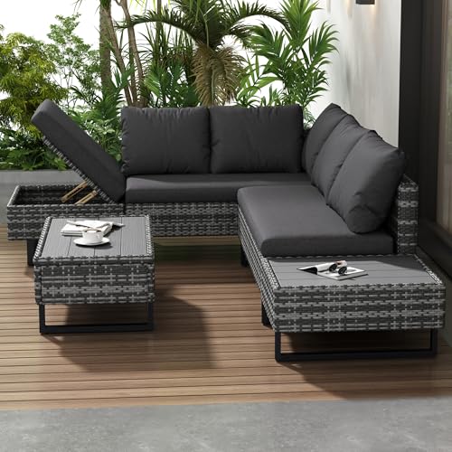 LANTRO JS Gartenmöbel Set mit Ecksofa, Tisch und Auflagen, Lounge Möbel Outdoor für 4-5 Personen, Möbelsets mit abnehmbarem und waschbarem Stoffbezug, Grau von LANTRO JS