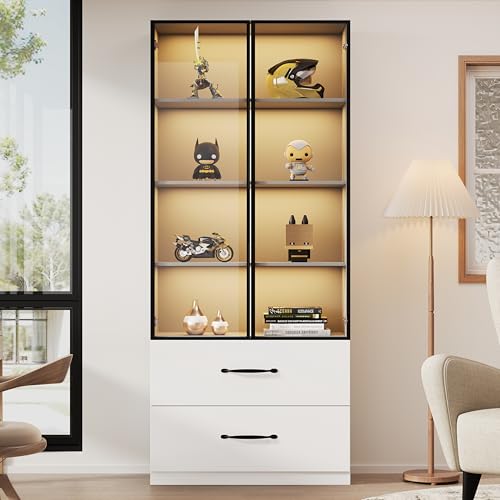 LANTRO JS Glasvitrine, Schaukasten Vitrine mit Beleuchtung und Schubladen, Vitrine Weiß mit Aluminiumrahmen, Hartglastüren und Sanft Schließenden Scharnieren von LANTRO JS