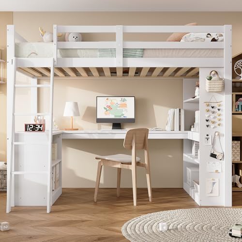 LANTRO JS Hochbett 90x200cm, Praktisches Ablageregal, Sicherheitsgeländer, Kinderbetten mit Stabilen Schrägleiter, Holzbett mit Tisch, Weiß + Sperrholz von LANTRO JS