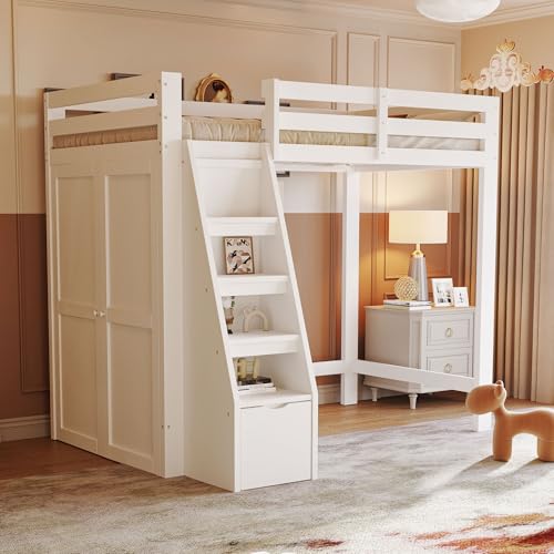 LANTRO JS Hochbett mit Schrank, Kinderbett 90x200cm, Hochbett mit Stauraum und Sicherheits Kletterleiter, Entwerfen Sie Offene Bereiche Selbst, Weiß LANTRO JS Hochbett mit Schrank, Kinderbett 90x200cm, Hochbett mit Stauraum und Sicherheits Kletterleiter, Entwerfen Sie Offene Bereiche Selbst, Weiß von LANTRO JS