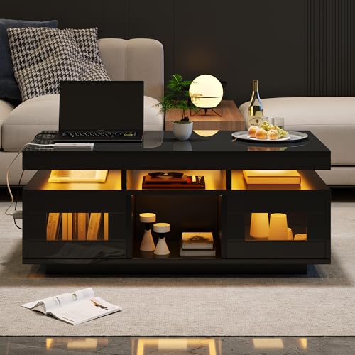 LANTRO JS Hochglanz-Couchtisch, stubentisch mit per mobiler App steuerbaren LED-Leuchten, Coffee Table mit Ladeanschluss und Steckdose, geeignet für Büro, Arbeitszimmer, Schwarz LANTRO JS Hochglanz-Couchtisch, stubentisch mit per mobiler App steuerbaren LED-Leuchten, Coffee Table mit Ladeanschluss und Steckdose, geeignet für Büro, Arbeitszimmer, Schwarz von LANTRO JS