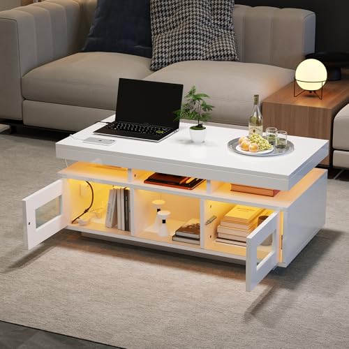LANTRO JS Hochglanz-Couchtisch, stubentisch mit per mobiler App steuerbaren LED-Leuchten, Coffee Table mit Ladeanschluss und Steckdose, geeignet für Büro, Arbeitszimmer, Weiß LANTRO JS Hochglanz-Couchtisch, stubentisch mit per mobiler App steuerbaren LED-Leuchten, Coffee Table mit Ladeanschluss und Steckdose, geeignet für Büro, Arbeitszimmer, Weiß von LANTRO JS