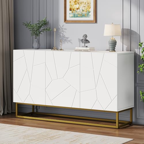 LANTRO JS Hochglanz Sideboard mit 4 Fächern, Kommode aus Hochwertiger Spanplatte, Wohnzimmer Möbel mit verstellbaren Regalböden, 130 x 38 x 76 cm, Weiß von LANTRO JS