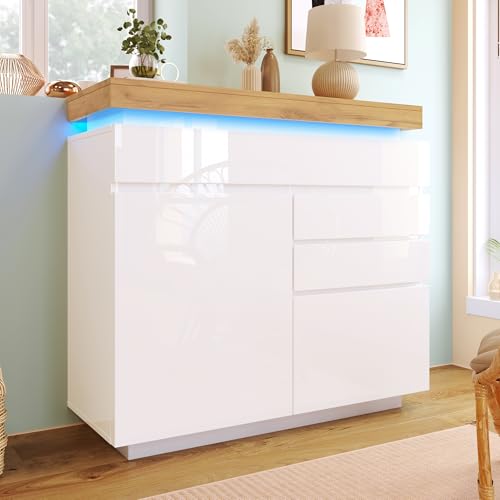 LANTRO JS Hochglanz Sideboard mit LED Beleuchtung, Wohnzimmerschrank Modern mit 2 Türen und 3 Schubladen, Highboard Weiß für Wohnzimmer und Flur, 115 x 110 x 39 cm, Weiß LANTRO JS Hochglanz Sideboard mit LED Beleuchtung, Wohnzimmerschrank Modern mit 2 Türen und 3 Schubladen, Highboard Weiß für Wohnzimmer und Flur, 115 x 110 x 39 cm, Weiß von LANTRO JS