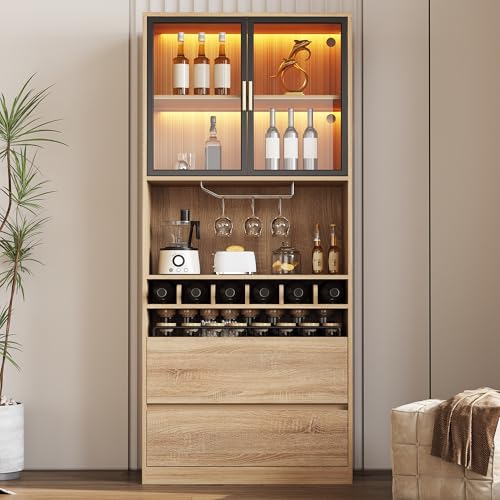 LANTRO JS Hochschrank Badezimmer 180 cm Lang, Kommode Badezimmer, Badezimmerschrank mit Glastüren und LED Beleuchtung, Badschrank verfügen über Offene Fächer, Naturfarbe von LANTRO JS
