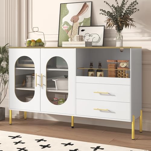 LANTRO JS Holz Sideboard, Schränke mit 2 Schubladen und 2 Glastüren, Moderne Kommode Integrierte Kabelöffnungen auf der Oberseite, Weiß von LANTRO JS