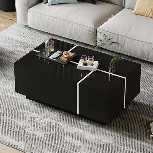 LANTRO JS Kaffeetisch, Hochglanzoptik Sofatisch mit Vier Schubladen, Verschiebbare Tischplatte, Couchtisch in Patchwork-Farben für Wohnzimmertisch, Schwarzer LANTRO JS Kaffeetisch, Hochglanzoptik Sofatisch mit Vier Schubladen, Verschiebbare Tischplatte, Couchtisch in Patchwork-Farben für Wohnzimmertisch, Schwarzer von LANTRO JS