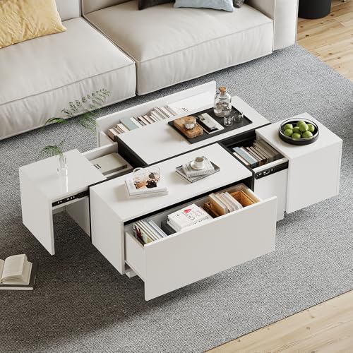 LANTRO JS Kaffeetisch, Hochglanzoptik Sofatisch mit Vier Schubladen, Verschiebbare Tischplatte, Couchtisch in Patchwork-Farben für Wohnzimmertisch, Weiß LANTRO JS Kaffeetisch, Hochglanzoptik Sofatisch mit Vier Schubladen, Verschiebbare Tischplatte, Couchtisch in Patchwork-Farben für Wohnzimmertisch, Weiß von LANTRO JS