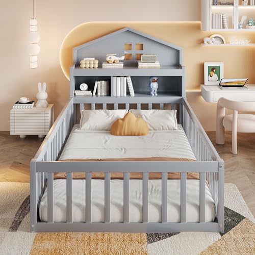 LANTRO JS Kinderbett, Montessori Bett mit Einlegeböden und Stauraum, mit Schutzgitter und Tür, Kopfteil Dieses Massivholzbettes einem Kreidetafeldesign für Kindes, Grau LANTRO JS Kinderbett, Montessori Bett mit Einlegeböden und Stauraum, mit Schutzgitter und Tür, Kopfteil Dieses Massivholzbettes einem Kreidetafeldesign für Kindes, Grau von LANTRO JS