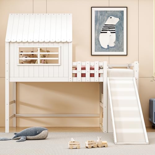 LANTRO JS Kinderbett 90x200cm, Dachboden Design, Einzelbett mit Sicherheitsleiter und Sicherheitsrutsche, Kinder Haus, Hochbett mit Mehrstöckige Ablagefächer, Massivholzbett, Weiß von LANTRO JS