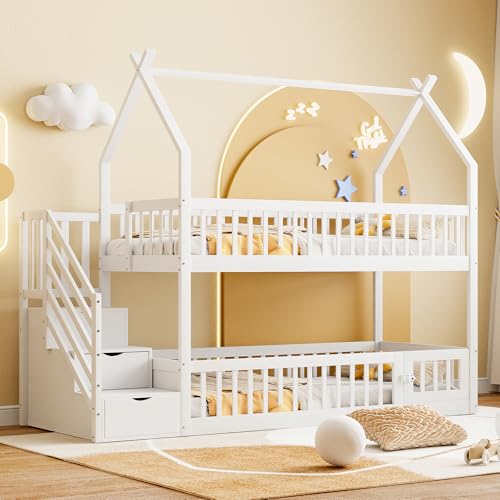 LANTRO JS Kinderbett 90x200cm, Doppelstockbett mit Dach und Sicherheitstreppe, Hochbett mit Stauraumschubladen, Massivem Kiefernholz, Holzbett, Weiß LANTRO JS Kinderbett 90x200cm, Doppelstockbett mit Dach und Sicherheitstreppe, Hochbett mit Stauraumschubladen, Massivem Kiefernholz, Holzbett, Weiß von LANTRO JS