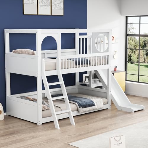 LANTRO JS Kinderhochbett, Bunk Bed mit Regalen, mit Rutsche, Platz Spart Stockbett, für Kinder ab Sechs Jahren Geeignet, Weiß von LANTRO JS