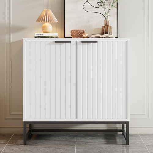 LANTRO JS Kleiner Schrank, Sideboard Schlafzimmer mit 2 Türen in Vakuum-Formgebung, Sideboard Holz mit Metallgriffen und Rahmenbeinen, geeignet für Wohnzimmer, Flur und Esszimmer, Weiß LANTRO JS Kleiner Schrank, Sideboard Schlafzimmer mit 2 Türen in Vakuum-Formgebung, Sideboard Holz mit Metallgriffen und Rahmenbeinen, geeignet für Wohnzimmer, Flur und Esszimmer, Weiß von LANTRO JS