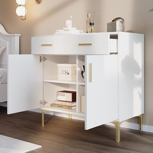 LANTRO JS Kommode Holz mit 2 Türen und 2 Schubladen, Kleiner Schrank mit Metallgriffen und Metallfüßen für Wohnzimmer, Flur Oder Esszimmer, Weiß von LANTRO JS