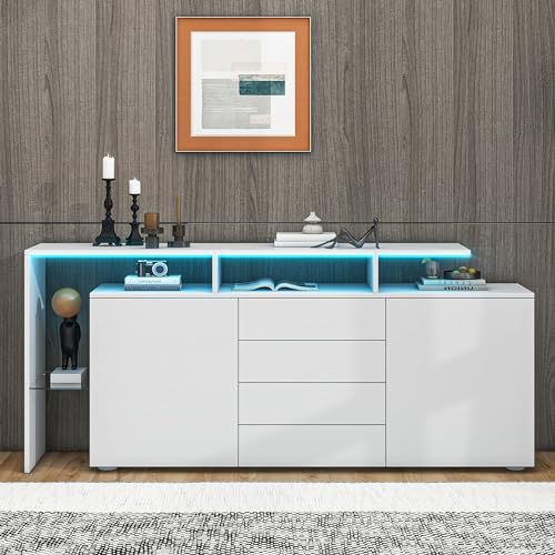 LANTRO JS Kommode Weiß Wohnzimmer 160cm, Sideboard mit LED, TV Kommode Weiß, Highboard mit 2 offene Stauräume und 4 Schubladen, 70H x 160B x 35T cm von LANTRO JS