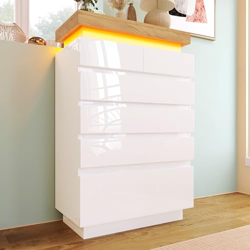 LANTRO JS Kommode Wohnzimmer, Kommode Weiß Hochglanz, Sideboard Weiss Hochglanz mit 6 Schubladen, LED Beleuchtung, App Control, 115H x 73B x 39T cm von LANTRO JS