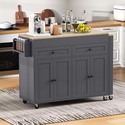 LANTRO JS Kücheninsel, Ausziehbar, Servierwagen mit 7 Lenkrollen, Herausragende Langlebigkeit, Rollwagen mit Schubladen, (112-180.5)×45×92.2 cm, Grau+Natur von LANTRO JS