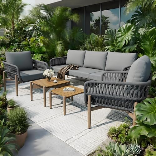 LANTRO JS Lounge Set Outdoor mit Bequemen Kissen, Lounge Möbel Outdoor mit WPC Tischplatte, Gartenmöbel Set 3er Sofa, 2 Sessel und 2 Couchtische, Grau von LANTRO JS