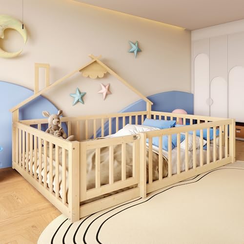 LANTRO JS Montessori Bett, Bodenbett mit Fußleiste und Geländer mit Schloss Kiefernholz Bett für Kinder, Natural LANTRO JS Montessori Bett, Bodenbett mit Fußleiste und Geländer mit Schloss Kiefernholz Bett für Kinder, Natural von LANTRO JS
