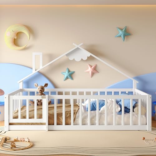 LANTRO JS Montessori Bett, Bodenbett mit Fußleiste und Geländer mit Schloss Kiefernholz Bett für Kinder, Weiß LANTRO JS Montessori Bett, Bodenbett mit Fußleiste und Geländer mit Schloss Kiefernholz Bett für Kinder, Weiß von LANTRO JS