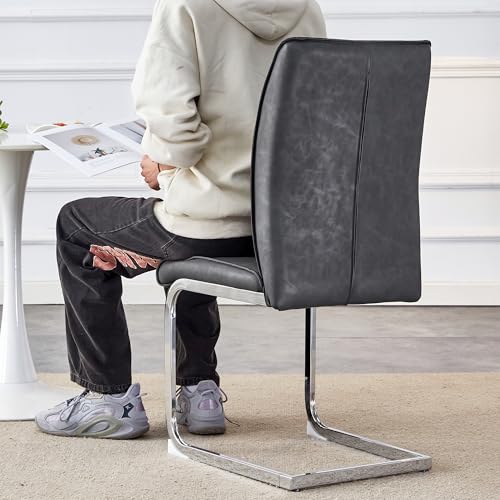 LANTRO JS Polsterstuhl, Freischwinger Stuhl in PU-Material mit Silbernen Metallbeinen, Esstisch Stühle für Hotels, Restaurants, Grau von LANTRO JS