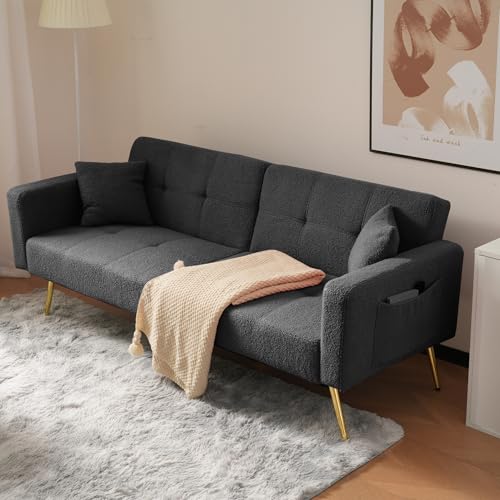LANTRO JS Schlafsofa, Umwandelbares Klappsofa mit Kissen und Seitlichen Aufbewahrungstaschen, 2 Sitzer Sofa mit Goldenen Beinen, Dunkelgrau von LANTRO JS