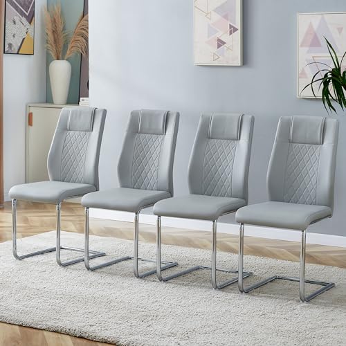 LANTRO JS Schreibtisch Stuhl, PU Freischwingerstuhl Rückenlehne mit Diamantförmigem Gitternähtdesign, Stuhl mit Glänzende Silberne Metallbeine, Hellgrau von LANTRO JS