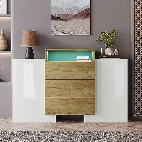 LANTRO JS Sideboard, Einzigartige Form, Modern, Hochglanz Sideboard mit LED Lichteffekte, Wohnzimmerschrank Modern, 140x30x77.5cm, Weiß und Naturfarbe von LANTRO JS