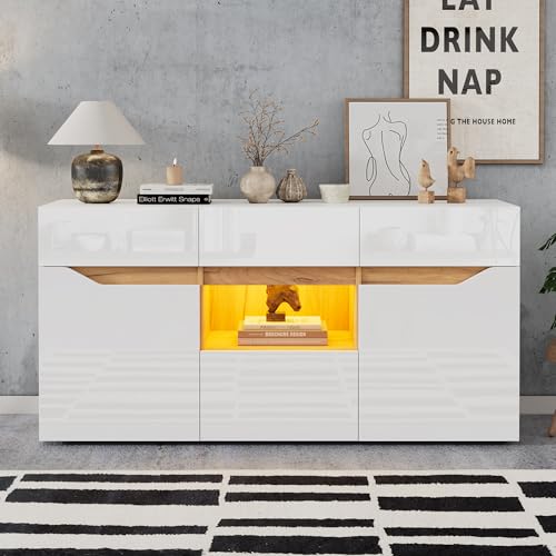 LANTRO JS Sideboard, Hochglanz Sideboard mit 4 Schubladen und Zwei Fächern, Highboard Weiß mit LED Beleuchtung, Hochglanztextur, 140x40x70cm, Weiß + Holzfarbe von LANTRO JS