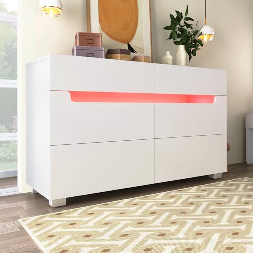 LANTRO JS Sideboard Weiss, Kommode mit Schubladen, Highboard Weiss mit 6 Schubladen, LED Beleuchtung, App Control, 71H x 120B x 40T cm von LANTRO JS