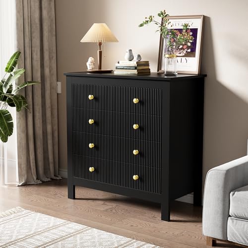 LANTRO JS Sideboard mit 5 Schubladen, Modern Design, Hochglanz Sideboard mit Goldgriffen, Einzigartige Strukturierte Oberfläche, 79x80.5x39.5cm, Schwarz von LANTRO JS