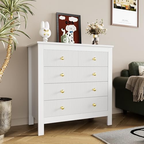 LANTRO JS Sideboard mit 5 Schubladen, Modern Design, Hochglanz Sideboard mit Goldgriffen, Einzigartige Strukturierte Oberfläche, 79x80.5x39.5cm, Weiß von LANTRO JS