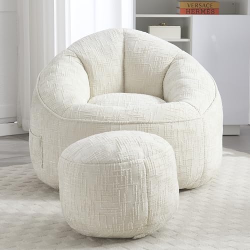 LANTRO JS Sitzsack mit Hocker, Sitzsack Sessel, Sitzsack XXL, hohen Rücken Sitzsack Stuhl Couch gepolsterten komprimiert Sitzsack mit Fußstütze (Beige) von LANTRO JS