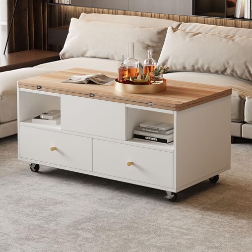 LANTRO JS Stubentisch, Couchtisch Holz mit Klappfunktion und 4 Schubladen, EIN Großer und Rin Kleiner Hydraulik-Hubtisch Beweglicher Couchtisch mit Universalrollen, Naturholz von LANTRO JS