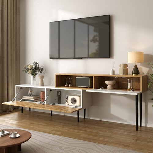 LANTRO JS TV Cabinet, Modulares 2-teiliges Design Fernseher Schrank mit Verstellbarer Länge, Holzoptik TV Schrank mit Schwarze Metallbeine, Weiß von LANTRO JS