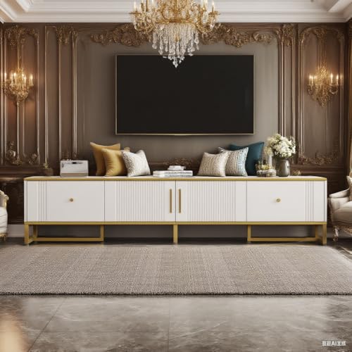 LANTRO JS TV Kommode mit 2 Türen und 2 Schubladen, Lowboard Wohnzimmer mit verstellbaren Füßen und Kabelmanagement, Fernsehtisch mit Goldener Umrandung, 180x40x40 cm, Weiß LANTRO JS TV Kommode mit 2 Türen und 2 Schubladen, Lowboard Wohnzimmer mit verstellbaren Füßen und Kabelmanagement, Fernsehtisch mit Goldener Umrandung, 180x40x40 cm, Weiß von LANTRO JS