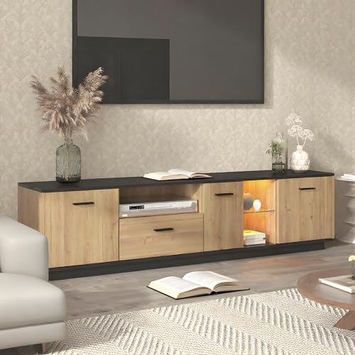 LANTRO JS TV Lowboard, TV Schrank mit Zwei Offene Fächer,Sideboard Wohnzimmer, Fernseher Schrank mit 15 Variable LED Leuchten, Natürliche Holzfarben von LANTRO JS