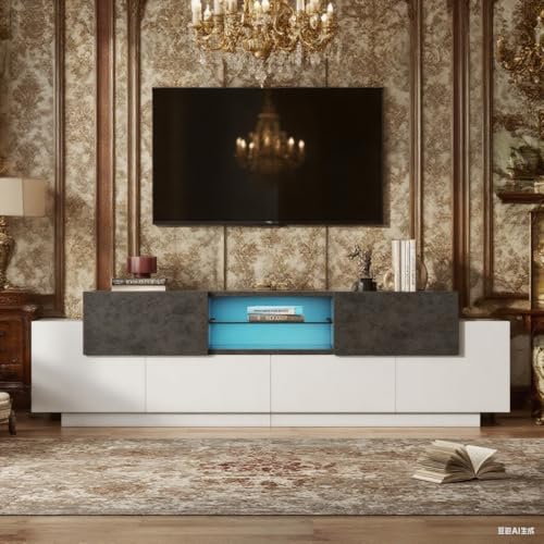 LANTRO JS TV Lowboard mit modernem LED, Fernsehschrank als Gaming Media Cabinet, Sideboard Wohnzimmer mit Zwei Schubladen und Vier Cabinets, 180x40x45cm, Weiß und Grau von LANTRO JS